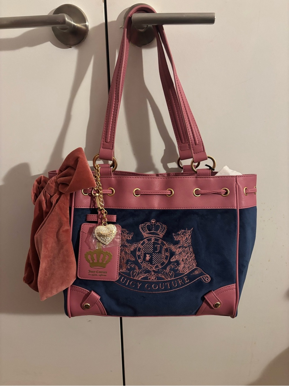 Juicy Couture Scottie dogs Pink & Navy Tote Bag color is regal blue/chateau - Picture 9 of 11